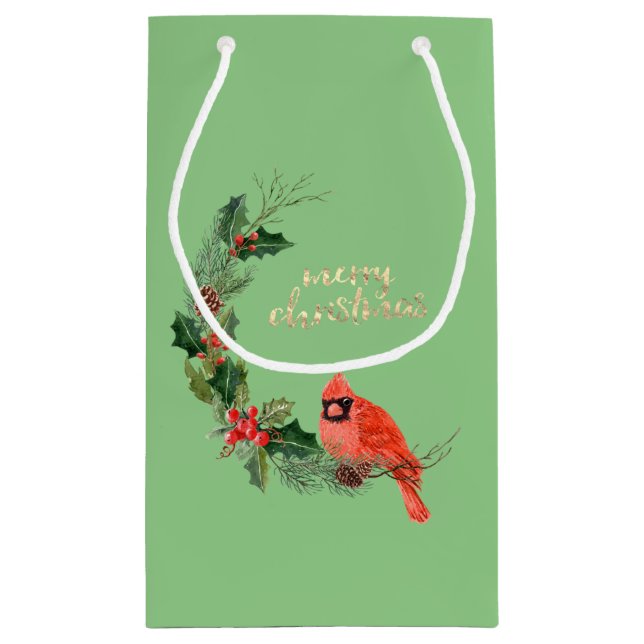 Red Cardinal Bird Holly Berry Christmas Small Gift Bag (Back)
