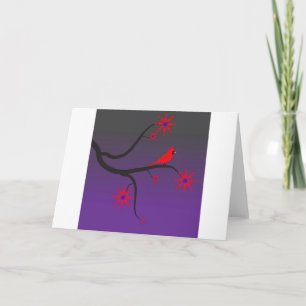 Red Cardinal bird in a tree on purple background. Card