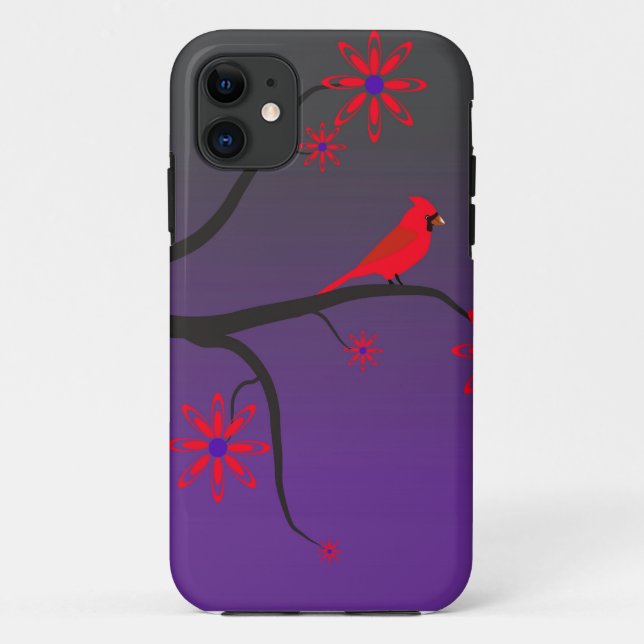 Red Cardinal bird in a tree on purple background. Case-Mate iPhone Case (Back)