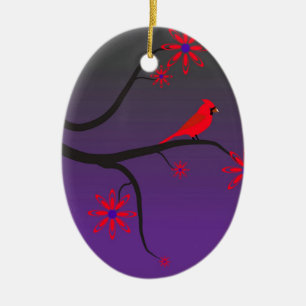 Red Cardinal bird in a tree on purple background. Ceramic Tree Decoration