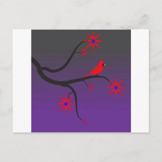 Red Cardinal bird in a tree on purple background. Postcard