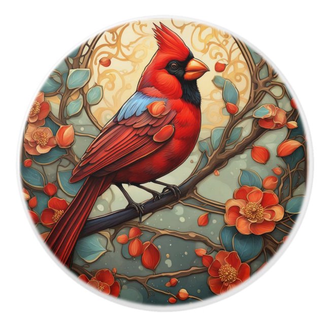 Red Cardinal Bird in an Art Nouveau Art Deco style Ceramic Knob (Front)