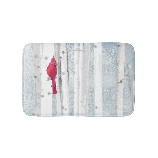 Red Cardinal Bird in beautiful snowy Birch Tree Bath Mat (Front)