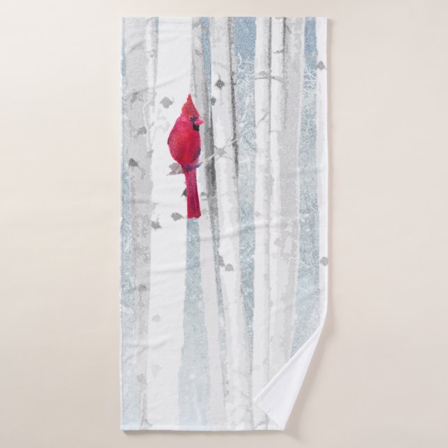 Red Cardinal Bird in beautiful snowy Birch Tree Bath Towel (Bath Towel)