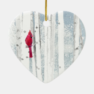 Red Cardinal Bird in beautiful snowy Birch Tree Ceramic Ornament