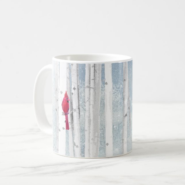 Red Cardinal Bird in beautiful snowy Birch Tree Coffee Mug (Front Left)