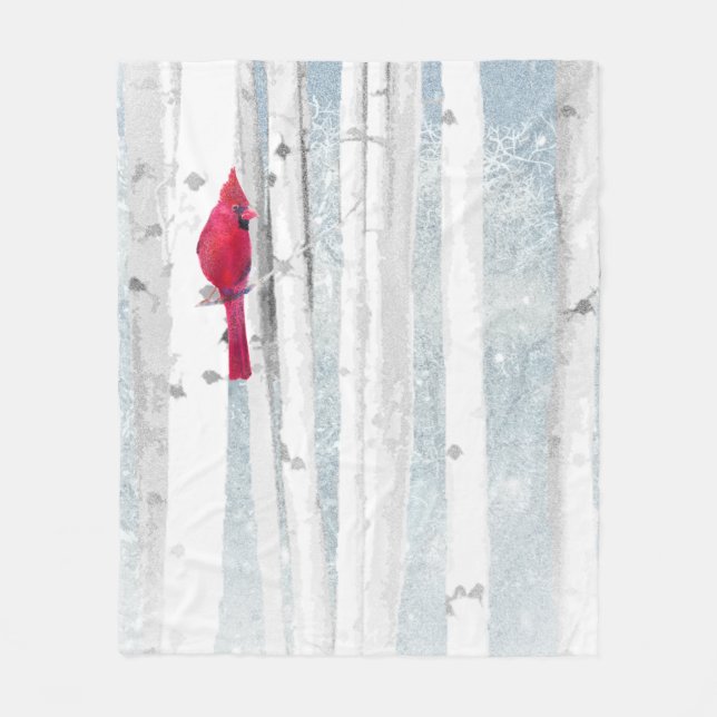 Red Cardinal Bird in beautiful snowy Birch Tree Fleece Blanket (Front)