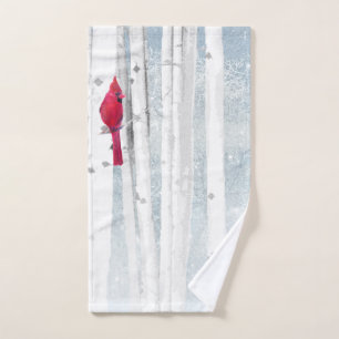 Red Cardinal Bird in beautiful snowy Birch Tree Hand Towel