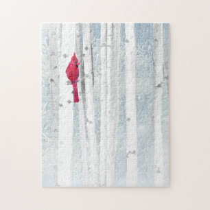 Red Cardinal Bird in beautiful snowy Birch Tree Jigsaw Puzzle