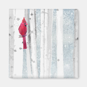 Red Cardinal Bird in beautiful snowy Birch Tree Magnet