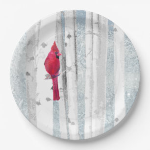 Red Cardinal Bird in beautiful snowy Birch Tree Paper Plate