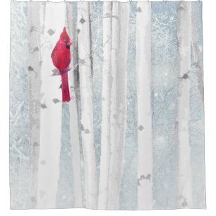 Red Cardinal Bird in beautiful snowy Birch Tree Shower Curtain
