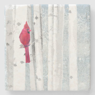 Red Cardinal Bird in beautiful snowy Birch Tree Stone Coaster