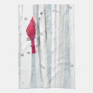 Red Cardinal Bird in beautiful snowy Birch Tree Tea Towel