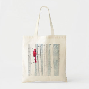 Red Cardinal Bird in beautiful snowy Birch Tree Tote Bag