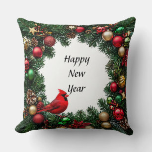 Red Cardinal Bird in Festive Decor Cushion