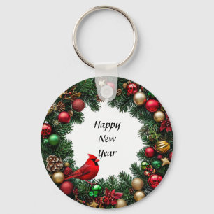 Red Cardinal Bird in Festive Decor Key Ring