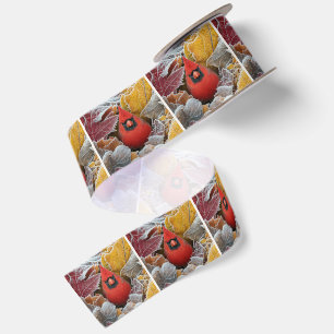 Red Cardinal Bird in Frosty Autumn Leaves Satin Ribbon