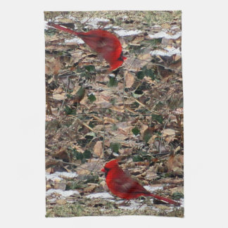 Red Cardinal Bird in Leaves Tea Towel