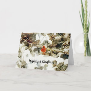 Red Cardinal Bird in Snow Branches Art Christmas Card