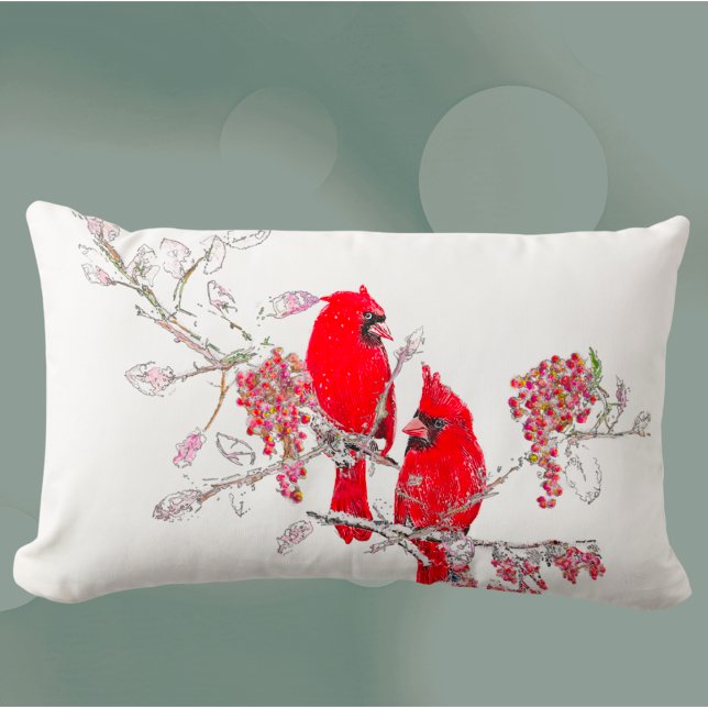 Red Cardinal Bird in Snow Lumbar Cushion (Creator Uploaded)