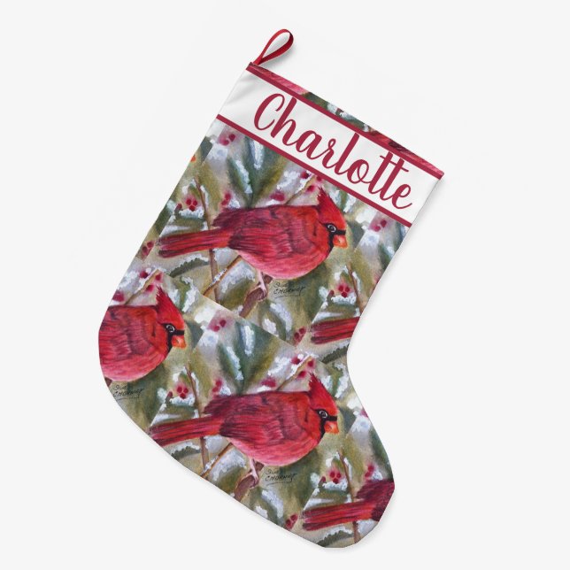 Red Cardinal Bird Large Christmas Stocking (Front (Hanging))