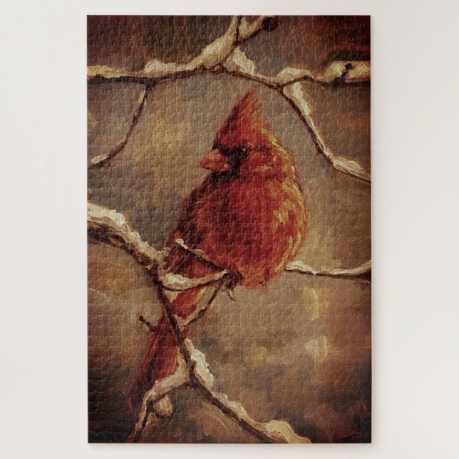 Red Cardinal Bird Oil Painting – Winter Branch Jigsaw Puzzle (Vertical)