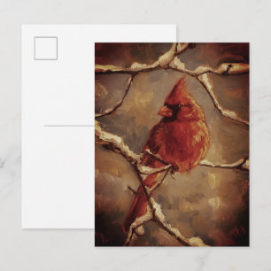 Red Cardinal Bird Oil Painting – Winter Branch Postcard