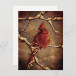 Red Cardinal Bird Oil Painting – Winter Branch Postcard