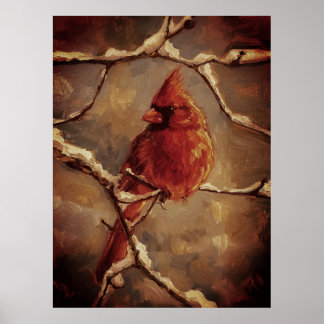 Red Cardinal Bird Oil Painting – Winter Branch Poster