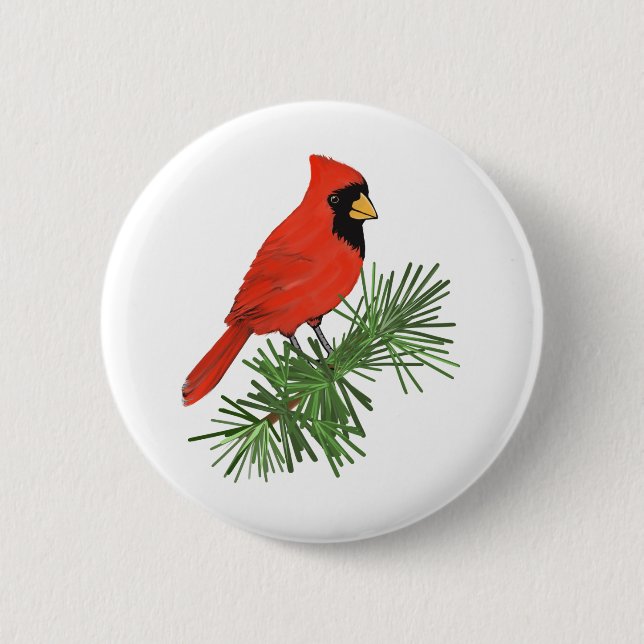 Red Cardinal Bird on Pine Tree 6 Cm Round Badge (Front)
