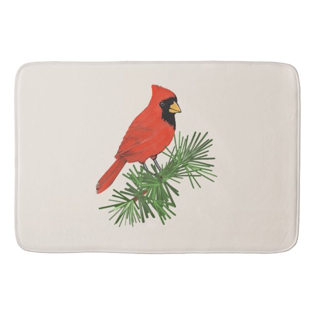 Red Cardinal Bird on Pine Tree Bath Mat (Front)