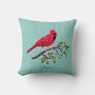 Red Cardinal Bird on Teal Cushion
