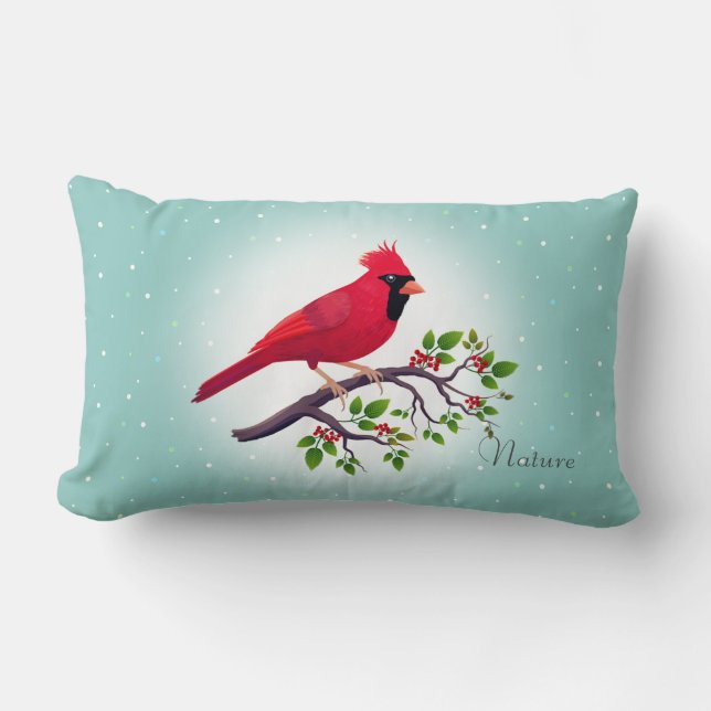 Red Cardinal Bird on Teal Lumbar Cushion (Front)