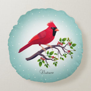 Red Cardinal Bird on Teal Round Cushion