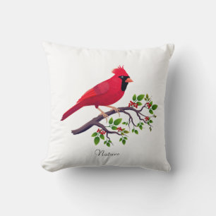 Red Cardinal Bird on Tree Branch Cushion