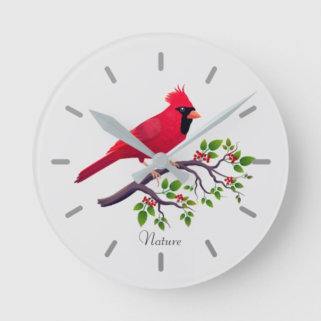 Red Cardinal Bird on Tree Branch Round Clock (Front)