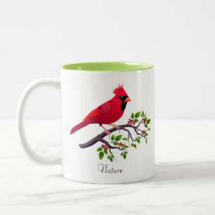 Red Cardinal Bird on Tree Branch Two-Tone Coffee Mug