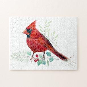 Red Cardinal Bird Watercolor Art Jigsaw Puzzle