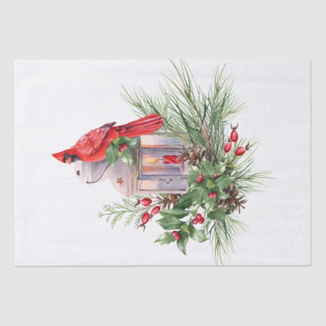 Red Cardinal Bird Watercolor Winter Christmas Tissue Paper (Front)