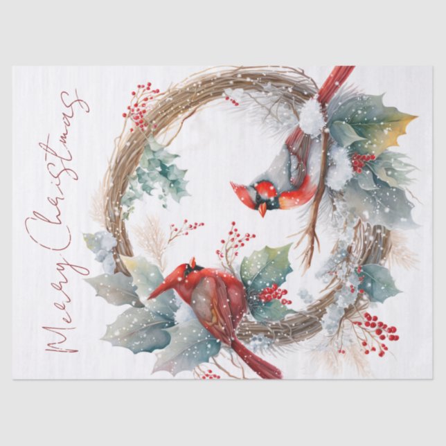 Red Cardinal Bird Watercolor Winter Christmas Tissue Paper (Front)