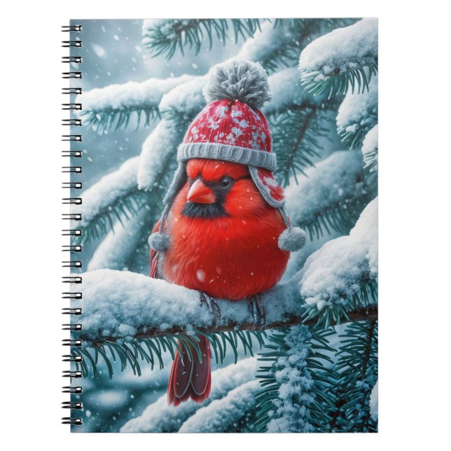 Red Cardinal Bird Wearing Winter Hat Notebook (Front)