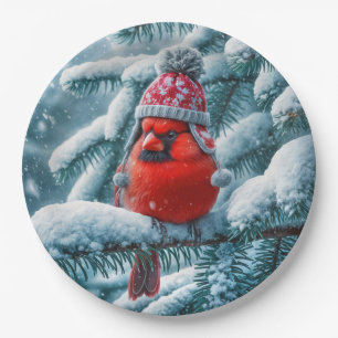 Red Cardinal Bird Wearing Winter Hat Paper Plate