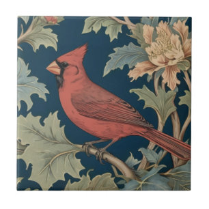 Red Cardinal Bird William Morris style left facing Ceramic Tile
