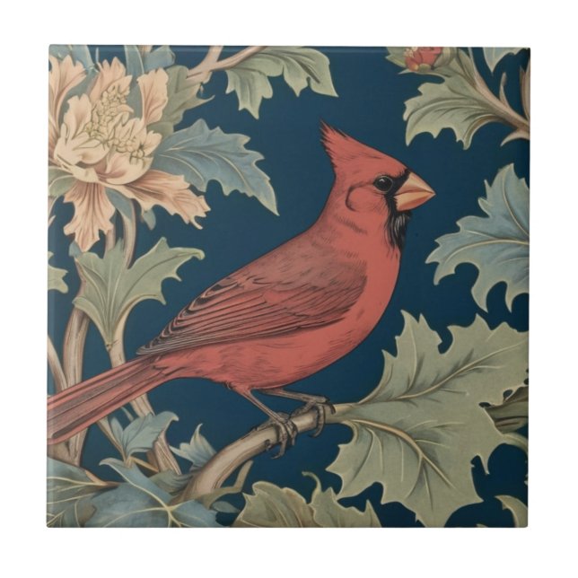 Red Cardinal Bird William Morris style right birds Ceramic Tile (Front)