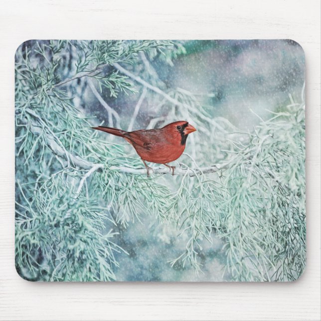 Red Cardinal Bird Winter Art Mouse Pad (Front)