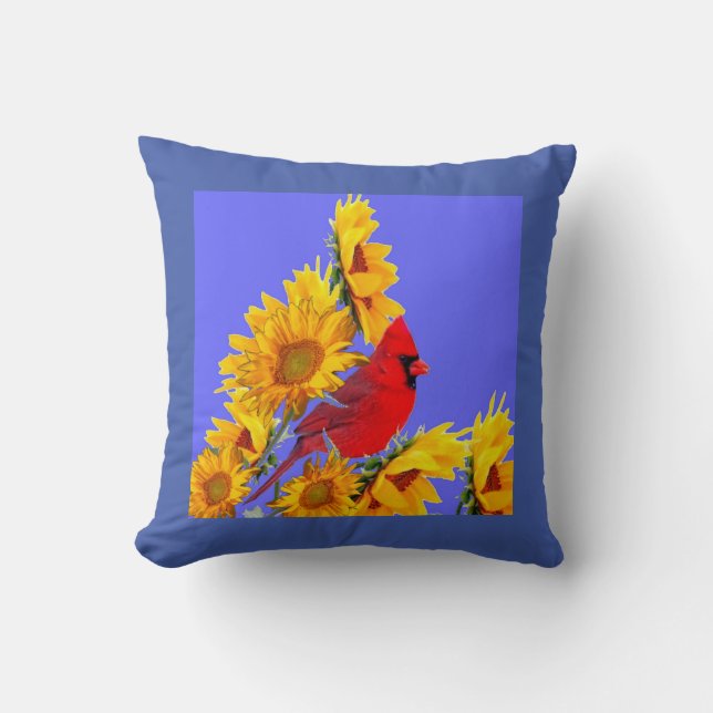RED CARDINAL BIRD YELLOW SUNFLOWERS ART CUSHION (Front)