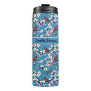 Red Cardinal Birds and Pink Cherry Blossoms Blue Thermal Tumbler