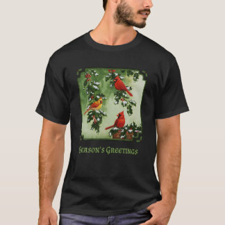 Red Cardinal Birds Christmas Holly Berries Leaves T-Shirt