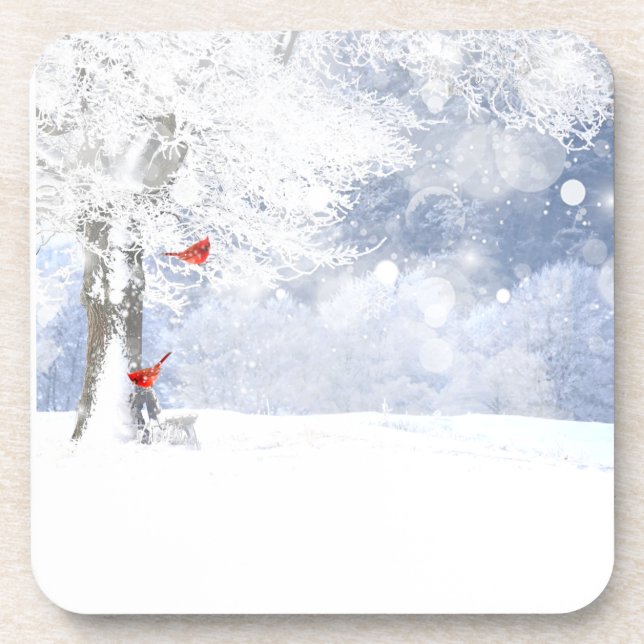 Red Cardinal Birds Christmas snowy Trees Coaster (Front)